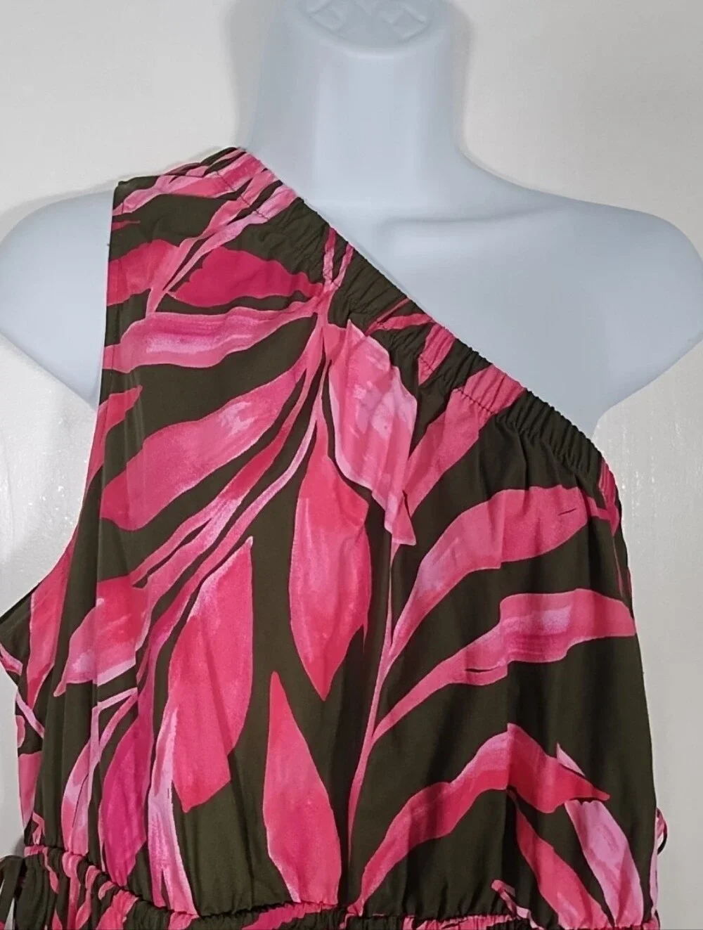 Time and Tru Women's XL One Shoulder Cotton Midi Dress Pink Olive/Gray Pockets